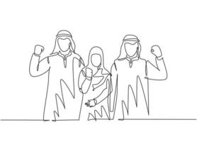 um único desenho de linha de jovens funcionários muçulmanos e jovens felizes levantando as mãos para celebrar a promoção de emprego. lenço de cabeça de pano da Arábia Saudita, hijab. ilustração em vetor desenho desenho em linha contínua