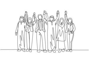 um desenho de linha contínua de um jovem gerente, levantando as mãos para celebrar o cumprimento da meta. shemag de roupas islâmicas, kandura, hijab. ilustração em vetor desenho desenho de linha única