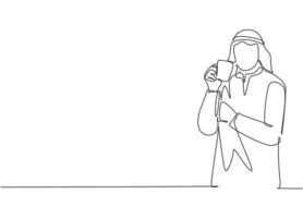 um único desenho de linha do jovem empresário muçulmano, pensando em ideias de negócios, enquanto segura uma xícara de café. roupa islâmica shemag, kandura, lenço. ilustração de desenho de desenho de linha contínua