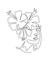 uma única linha desenho rosto abstrato de beleza com ilustração vetorial de flores naturais. conceito de estilo minimalista de retrato de mulher para impressão de decoração de arte de parede. linha contínua moderna desenhar design gráfico vetor