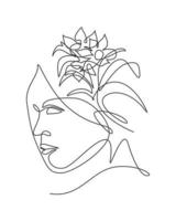 uma única linha desenho rosto abstrato com ilustração vetorial de flores naturais. conceito de estilo minimalista de retrato de mulher de beleza para impressão de arte de decoração de parede. design gráfico moderno de linha contínua vetor