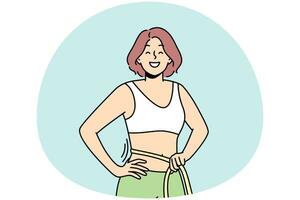 jovem sorridente com fita na cintura animada com resultados de dieta e esporte. feliz acho que fêmea mostra corpo magro e fino. conceito de perda de peso. ilustração vetorial. vetor