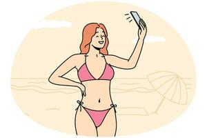 sorridente sexy jovem mulher dentro bikini faço auto-retrato cenário em celular em de praia. feliz menina dentro roupa de banho levar selfie em Smartphone em costa. vetor ilustração.