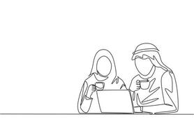 um único desenho de linha de jovens trabalhadores muçulmanos e muçulmanos discutindo no escritório. kandura de pano masculino e feminino do Oriente Médio árabe, shemag, hijab e véu. ilustração de desenho de desenho de linha contínua