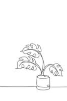 uma única linha de desenho de folha de monstera em ilustração vetorial de maconha. tropical deixa o estilo minimalista, o conceito de padrão floral para cartaz, impressão de decoração de parede. design gráfico moderno de linha contínua vetor