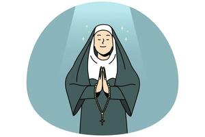 freira calma em roupas tradicionais rezando. irmã da igreja com rosário falar com deus. conceito de religião e fé. ilustração vetorial. vetor