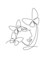 uma única mulher de desenho de linha com ilustração em vetor arte linha borboleta. feminino rosto abstrato borboleta botânica retrato conceito de estilo de impressão minimalista. linha contínua moderna desenhar design gráfico