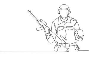 Contínuo um soldado de desenho de linha com arma, uniforme completo e celebrar o gesto está pronto para defender o país no campo de batalha contra o inimigo. ilustração gráfica de vetor de desenho de linha única