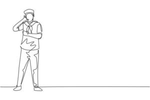 contínuo de um desenho de linha, o homem do marinheiro fica com o gesto de me ligar e o lenço ao redor do pescoço junta-se ao navio de cruzeiro que transporta passageiros viajando pelos mares. ilustração gráfica de vetor de desenho de linha única