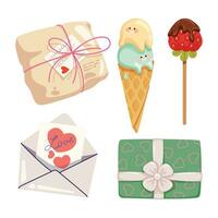 dia dos namorados dia elementos clipart. parcela, fofa cone gelo creme, morangos dentro chocolate, amor carta, e presente caixa. conjunto do plano vetor ilustrações para cumprimento cartão, bandeira, adesivo, e convite