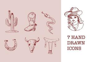 mão desenhado esboço esboço selvagem oeste vaqueira ícones. vetor ilustração dentro vintage estilo. vetor conjunto incluído cacto, vaqueira, bota, cobra, ferradura, crânio do animal, selim.