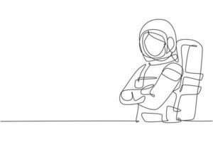desenho de linha contínua de uma jovem astronauta em traje espacial pose de braços cruzados no peito. conceito minimalista de profissão de trabalho profissional. ilustração gráfica de vetor de desenho de linha única