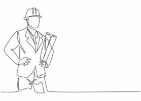 único desenho de linha do jovem arquiteto masculino segurando o papel de planta. profissão de trabalho profissional e conceito mínimo de ocupação. ilustração em vetor gráfico desenho linha contínua