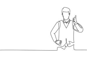 Uma única linha contínua desenhando o comissário com um gesto de polegar para cima está pronto para servir os passageiros do avião de maneira amigável e calorosa. dinâmica de uma linha desenhar ilustração em vetor design gráfico.