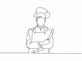 único desenho de linha de jovem chef masculino bonito confiante segurando uma faca de cozinha e pose de pé viril. serviço de restaurante excelente, moderno, uma linha, desenhado à mão, vetorial, ilustração, minimalismo vetor