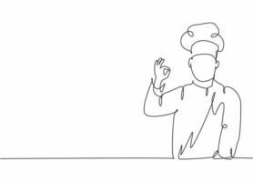 único desenho de linha contínua de jovem animado bonito chef masculino atraente pose de pé e dando um gesto certo. restaurante banner conceito uma linha desenho desenho vetorial ilustração gráfica vetor