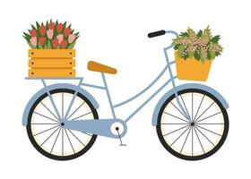 uma fofa azul bicicleta com uma cesta e flores vintage, retrô. vetor, plano, desenho animado ilustração vetor