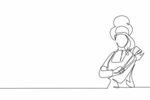 único desenho de linha contínua de jovem fêmea posando de braço cruzado, segurando o garfo e a colher. trabalho profissional ocupação do trabalho. minimalismo conceito uma linha desenhar ilustração vetorial de design gráfico vetor
