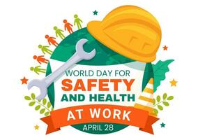 mundo dia para segurança e saúde às trabalhos vetor ilustração em abril 28 com mecânico ferramenta e construção capacete dentro plano desenho animado fundo