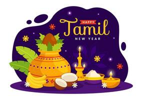 feliz tamil Novo ano vetor ilustração com vishu flores, coco, vela, panelas e indiano hindu festival dentro plano desenho animado fundo Projeto
