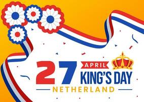 feliz reis Países Baixos dia vetor ilustração em 27 abril com acenando bandeiras e fita dentro rei celebração plano desenho animado fundo Projeto
