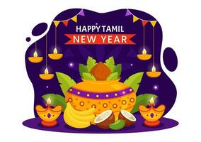 feliz tamil Novo ano vetor ilustração com vishu flores, coco, vela, panelas e indiano hindu festival dentro plano desenho animado fundo Projeto