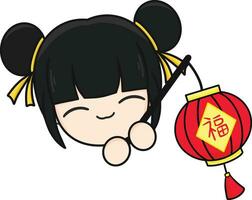 chinês Novo ano, fofa mascote criança com Preto cabelo segurando vermelho lanterna e desenho animado ilustração. vetor