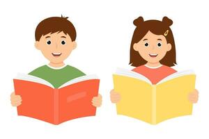sorridente fofa crianças segurando aberto livro. feliz crianças lendo uma livro. vetor ilustração isolado