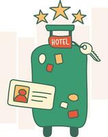 ilustração do uma mala de viagem com uma hotel chave e uma passar. check-in às uma Estrela hotel. viagem, período de férias vetor