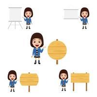 personagens de menina feliz fofa linda criança vestindo roupas bonitas e apontando para a placa de apresentação placa de madeira isolada com diferentes formas e tamanhos vetor