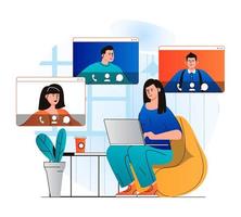 conceito de bate-papo por vídeo em design moderno e plano. mulher se comunica por videochamada em grupo com amigos ou familiares em diferentes telas em casa. comunicação online e reunião virtual. ilustração vetorial vetor