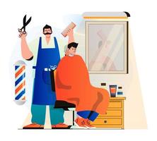 conceito de barbearia em moderno design plano. cabeleireiro profissional ou hairstylist faz corte de cabelo e penteado da moda para o cliente. homem recebendo cuidados capilares no salão masculino. ilustração vetorial