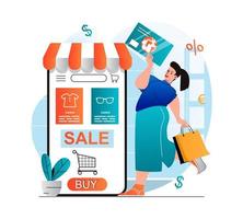 conceito de compras online em moderno design plano. mulher comprando e pagando por mercadorias no aplicativo móvel com cartão de crédito. o cliente faz compras lucrativas no site da loja. ilustração vetorial vetor