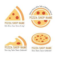 diverso pizza logotipo definir. 4 desenhos com marca, slogan, todo, fatiar, isométrico estilo. versátil vetor arte para único pizza branding. clipart e ilustração compilação para máximo visual impacto