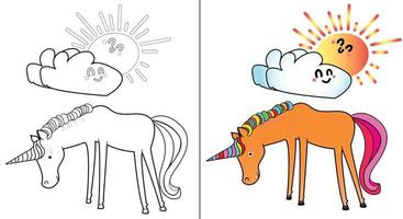 Unicórnio bonito dos desenhos animados com a página para colorir de sol e nuvem. kids, children vector stock theme