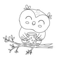 fofa pequeno coruja sentado em árvore ramo com copo do café. vetor esboço esboço para infantil coloração livro. engraçado pássaro