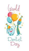 mundo dentista dia, cumprimento cartão. engraçado dente e escova de dente com bolas em a Festa. vetor. vetor