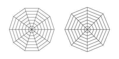 decágono, octógono gráficos. conjunto do radar aranha modelos. aranha malha. plano rede diagramas para estatística, análise. em branco radar gráficos. vetor gráficos ilustração.