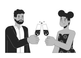 afro-americano casal tilintar óculos Preto e branco 2d linha desenho animado personagens. ferido namorada namorado isolado vetor esboço pessoas. Parabéns monocromático plano local ilustração