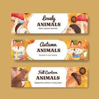 modelo de banner com conceito animal outono, estilo aquarela vetor