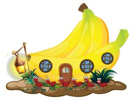 Casa de banana com formigas vermelhas marchando lá fora vetor