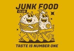 lixo Comida clube, gosto é número um. personagem ilustração do caminhando hamburguer e pizza vetor