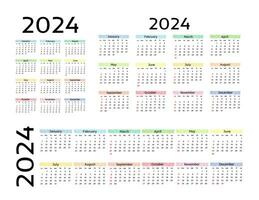 conjunto do três calendários para 2024 dentro diferente formulários isolado em uma branco fundo. domingo para segunda-feira, o negócio modelo. vetor ilustração