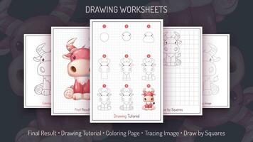 quão para desenhar uma touro. degrau de degrau desenhando tutorial. desenhar guia. simples instrução. coloração página. fichas de trabalho para crianças e adultos. vetor eps 10.