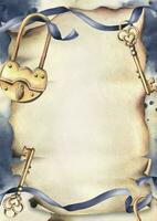 dourado fechaduras com chaves, fitas, manchas e salpicos. mão desenhado aguarela ilustração. quadro, vertical modelo para texto em uma papel rolagem fundo vetor