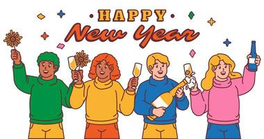 feliz Novo ano grupo do pessoas comemoro com champanhe óculos e fogos de artifício vetor