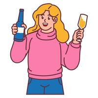 uma mulher a comemorar festa e segurando vidro do champanhe com garrafas vetor