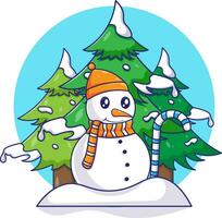 ilustração desenho animado cena do boneco de neve com abeto árvores dentro a inverno. vetor desenho animado ilustração para inverno elementos