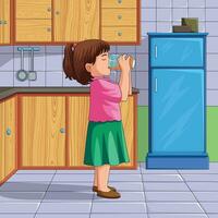 pequeno menina bebendo água dentro a vidro em pé dentro a cozinha vetor ilustração