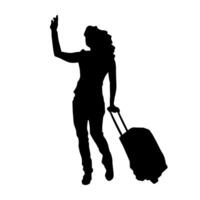 silhueta do uma fino elegante fêmea modelo carregando viajando bagagem enquanto caminhando e acenando mão vetor